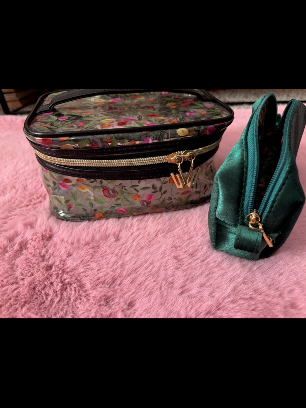 💗Wicked💚Floral Clear Cosmetic Bag with Emerald Velvet Pouch